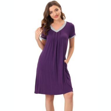cheibear Women's Soft Sleepwear Lounge Dress V-neck with Pockets Soft Nightshirt Pajama Nightgown, Medium Purple. View a larger version of this product image.