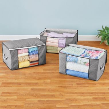 Collections Etc 3 Set Large All-Around Zippered Storage Bags with Handles Grey. View a larger version of this product image.