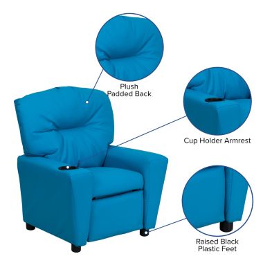 Flash Furniture Chandler Contemporary Turquoise Vinyl Kids Recliner with Cup Holder. View a larger version of this product image.