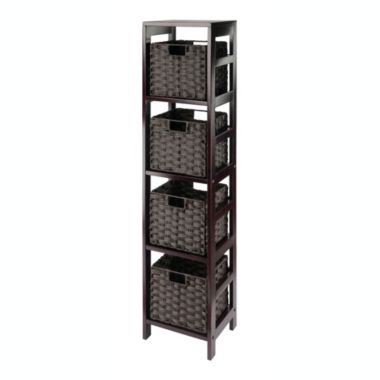Winsome Priyas Home Goods Leo 5 Piece Storage Shelf with 4 Foldable Woven Baskets - Espresso/Chocolate. View a larger version of this product image.
