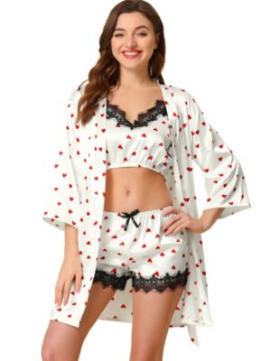 Allegra K Women&#39;s Satin Sexy Lace Lounge A-Line Mini 3Pc Pajamas Sets White M