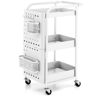 Slickblue 3-Tier Utility Storage Cart with DIY Pegboard Baskets-White. View a larger version of this product image.