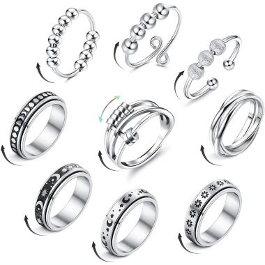 GoodMerchan - Women's Stress-Relieving Spinner Ring Set - 9 Pieces - Relieve stress with fidget rings. View a larger version of this product image.