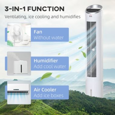 Halifax North America 40" Portable Oscillating Air Cooler Fan, 3-In-1 Standing Fan Cooler with Humidifier, 3 Modes, 8H Timer, Remote, LED Display, White. View a larger version of this product image.