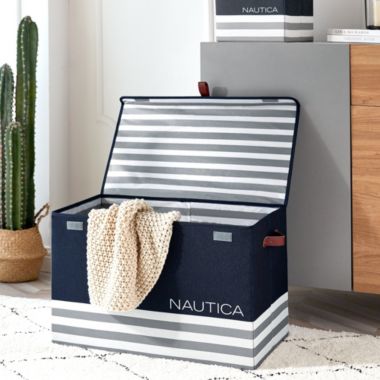 Nautica Folded Hamper W/ Lid, Navy Stripe. View a larger version of this product image.