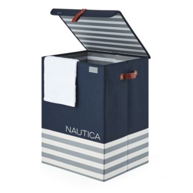 Nautica Folded Hamper W/ Lid, Navy Stripe. View a larger version of this product image.