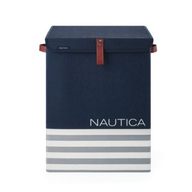 Nautica Folded Hamper W/ Lid, Navy Stripe. View a larger version of this product image.