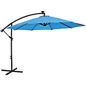 Sunnydaze Outdoor Steel Offset Solar Patio Umbrella with LED Lights, Air Vent, Cantilever, Crank, and Base - 9&#39; - Azure
