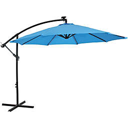 Sunnydaze Outdoor Steel Offset Solar Patio Umbrella with LED Lights, Air Vent, Cantilever, Crank, and Base - 9' - Azure