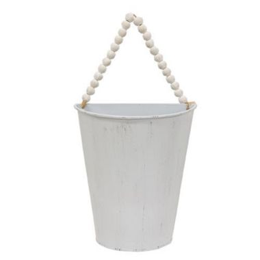 HomeGifo Distressed White Metal Half Wall Bucket W/Bead Hanger. View a larger version of this product image.