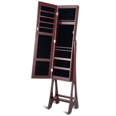 Slickblue LED Jewelry Cabinet Armoire Organizer with Bevel Edge Mirror-Brown. View a larger version of this product image.