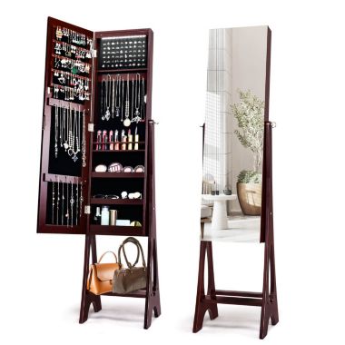 Slickblue LED Jewelry Cabinet Armoire Organizer with Bevel Edge Mirror-Brown. View a larger version of this product image.