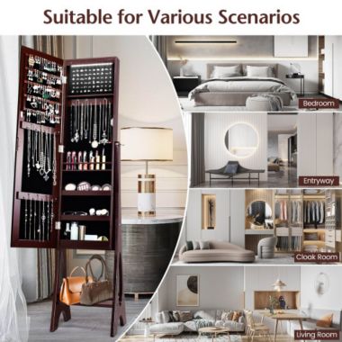 Slickblue LED Jewelry Cabinet Armoire Organizer with Bevel Edge Mirror-Brown. View a larger version of this product image.