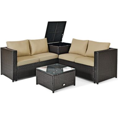 Slickblue 4 Pcs Outdoor Patio Rattan Furniture Set with Cushioned Loveseat and Storage Box-Brown. View a larger version of this product image.