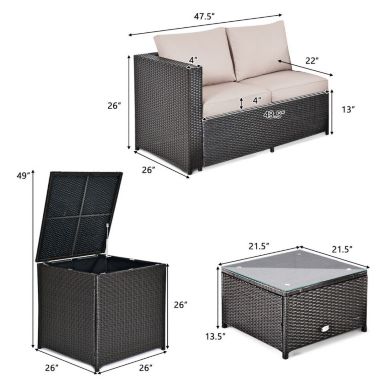 Slickblue 4 Pcs Outdoor Patio Rattan Furniture Set with Cushioned Loveseat and Storage Box-Brown. View a larger version of this product image.