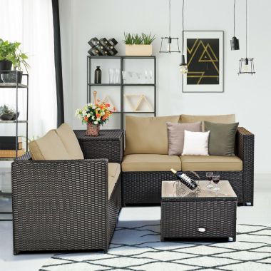Slickblue 4 Pcs Outdoor Patio Rattan Furniture Set with Cushioned Loveseat and Storage Box-Brown. View a larger version of this product image.