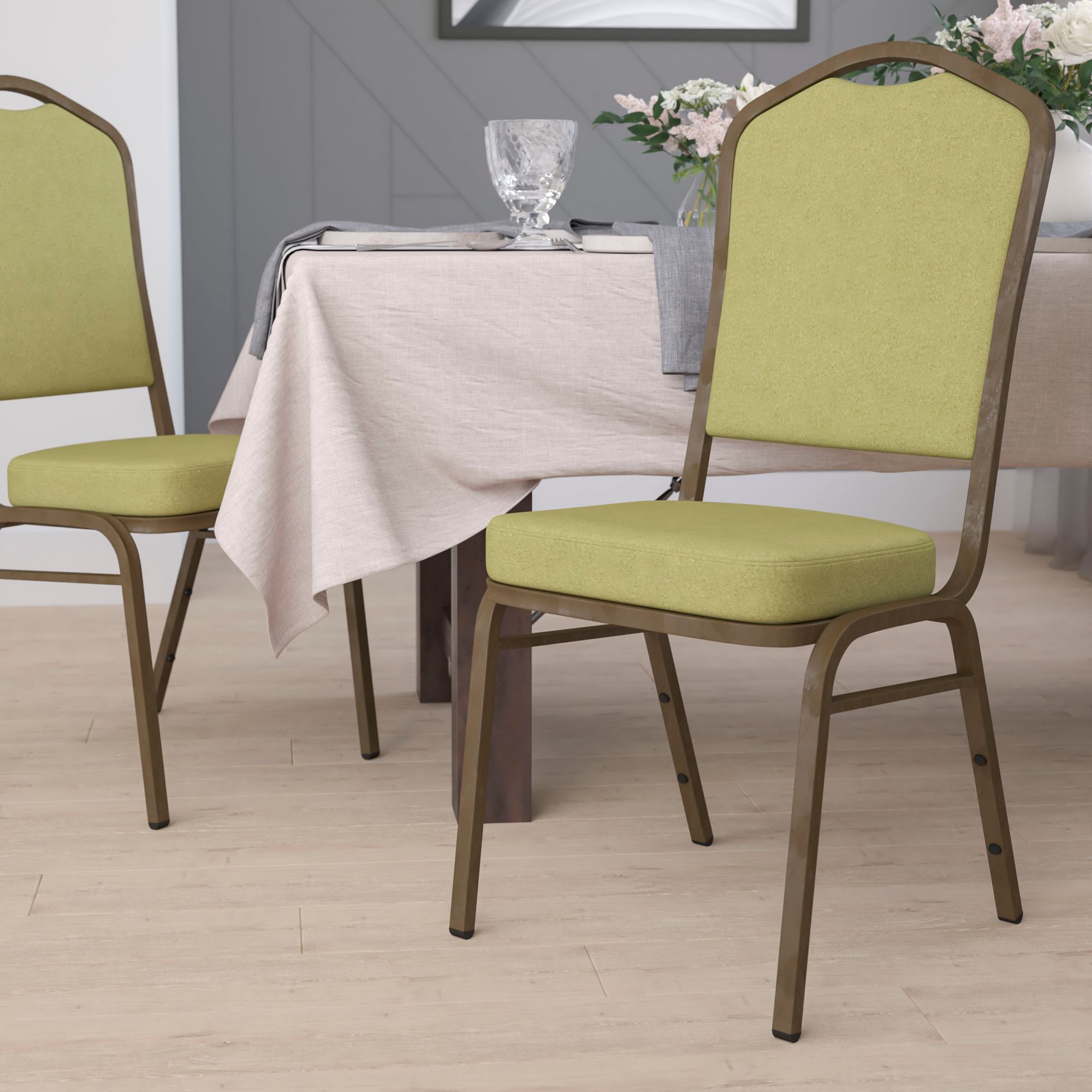 bedbathandbeyond.com | Emma + Oliver Crown Back Stacking Banquet Chair in Moss Fabric - Gold Vein Frame