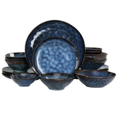Elama Lucca 20 Piece Round Stoneware Triple Bowl Dinnerware Set in Reactive Glaze Blue. View a larger version of this product image.
