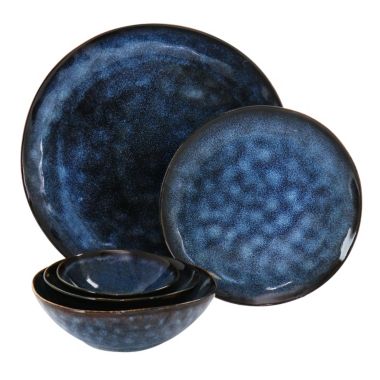 Elama Lucca 20 Piece Round Stoneware Triple Bowl Dinnerware Set in Reactive Glaze Blue. View a larger version of this product image.
