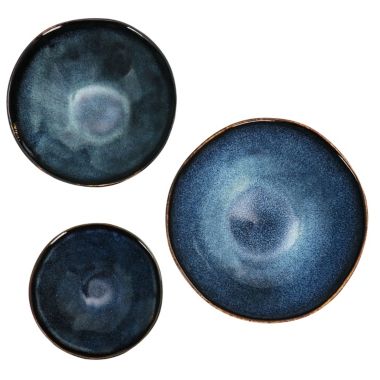 Elama Lucca 20 Piece Round Stoneware Triple Bowl Dinnerware Set in Reactive Glaze Blue. View a larger version of this product image.