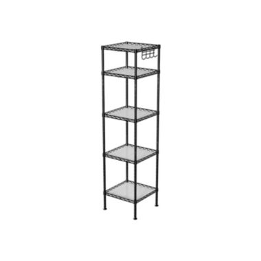SONGMICS Bathroom Shelf, Storage Rack for Small Space, Total Load Capacity 220 lb, 11.8 x 11.8 x 48.6 Inches, with 5 PP Sheets, Removable Hooks, Adjustable Height, Extendable Design, Black. View a larger version of this product image.