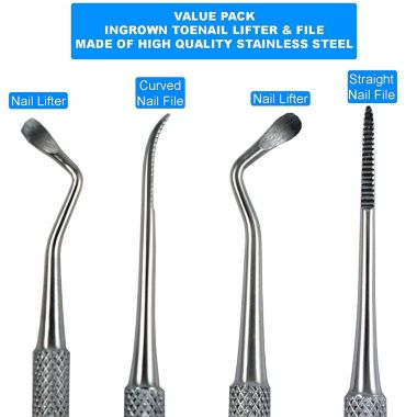 Ingrown Toenail Tools - Sharp Edge Spoon Shaped Double Ended Toenail Lifter & Nail File Cleaner Trimmer Surgical Medical Grade Stainless Steel Manicure Pedicure Nail Care Tool (2 Pc Set) By Krisp Beauty. View a larger version of this product image.