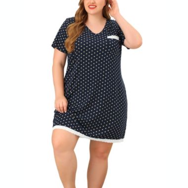 Agnes Orinda Women's Plus Size Nightgown Polka Dots Dress Short Sleeve Sleepwear Pajamas Nightgowns, Leisure Polyester Round Neck Babydoll Sleepwear Cami Dress, 1X Dark Blue. View a larger version of this product image.