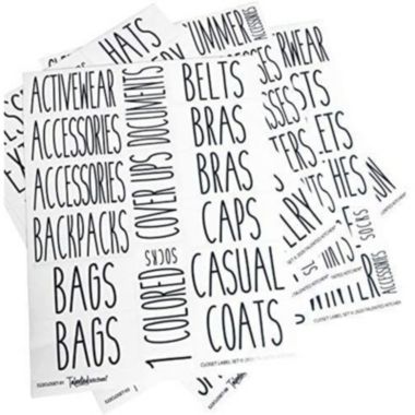 Talented Kitchen Set of 134 Preprinted Clothing Organizer Labels for Shoes and Closet Storage, Black on Clear All Caps Stickers for Bins, Baskets, Containers (Water Resistant). View a larger version of this product image.