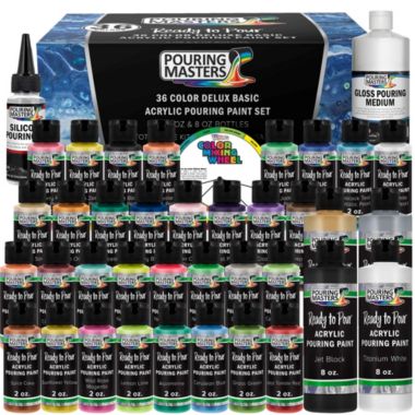 U.S. Art Supply Pouring Masters 36-Color Ready to Pour Acrylic Pouring Paint Set with Silicone Oil & Gloss Medium - Premium Pre-Mixed High Flow 2-Ounce & 8-Ounce Bottles - For Canvas, Wood, Paper, Crafts, Tile. View a larger version of this product image.
