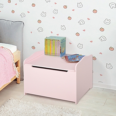 Qaba Kids Toy Chest Wooden Toy Storage Box Organizer Chest with Magnetic Hinge, Large Chest Space, & Groove Handle, Pink. View a larger version of this product image.