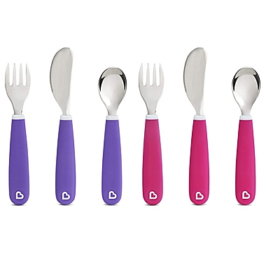 Munchkin Splash Toddler Fork, Knife and Spoon Set, 6 Pack, Pink/Purple. View a larger version of this product image.