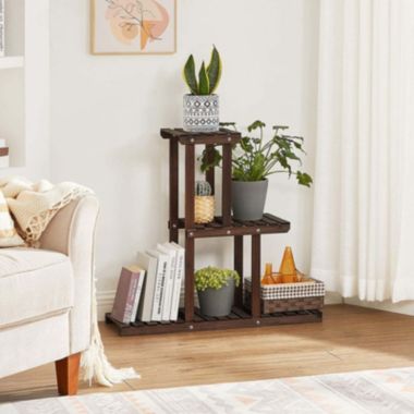 SONGMICS Plant Stand, Small Solid Wood Plant Holder Rack with 6 Spots for Flower Pots, 3-Tier Indoor Plant Shelf, for Small Spaces, Living Room, Balcony, Corners, Rustic Dark Brown. View a larger version of this product image.