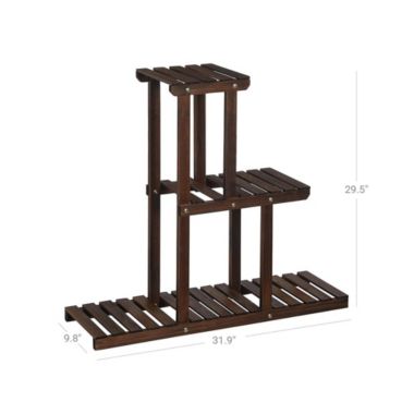 SONGMICS Plant Stand, Small Solid Wood Plant Holder Rack with 6 Spots for Flower Pots, 3-Tier Indoor Plant Shelf, for Small Spaces, Living Room, Balcony, Corners, Rustic Dark Brown. View a larger version of this product image.