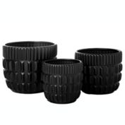 Urban Trends Collection Ceramic Round Pot with Banded Top and Embossed Broken Line Pattern Design Body and Tapered Bottom Set of Three Matte Finish Black