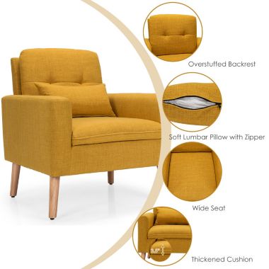 Slickblue Linen Fabric Single Sofa Armchair with Waist Pillow for Living Room-Yellow. View a larger version of this product image.