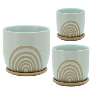 Kingston Living 8" Mint Green and Beige Ceramic Arch Planter with Saucer. View a larger version of this product image.