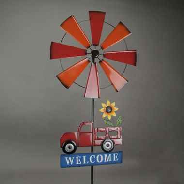 Direct International Farmhouse Style Red Farm Truck Windmill Spinner Welcome Garden Stake 72 Inches Outdoor Décor. View a larger version of this product image.