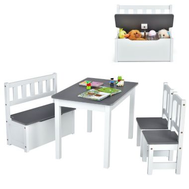 Slickblue 4 Pieces Kids Wooden Activity Table and Chairs Set with Storage Bench and Study Desk-Gray. View a larger version of this product image.