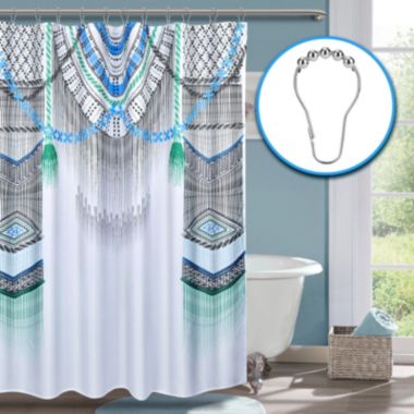 Vicyak Boho Farmhouse Fabric Shower Curtain 72x72 Inches, Machine Washable, Wrinkle Free, Waterproof Weighted Thick Bathroom Shower Curtain Set with Metal Grommet Hooks, white. View a larger version of this product image.