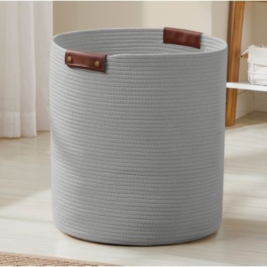 Large Cotton Rope Laundry Hamper Woven Basket with Leather Handles. View a larger version of this product image.