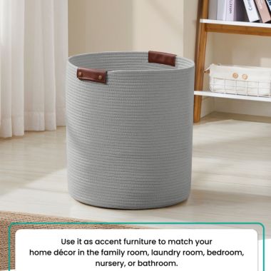 Large Cotton Rope Laundry Hamper Woven Basket with Leather Handles. View a larger version of this product image.