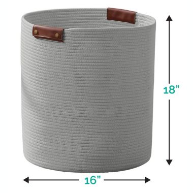 Large Cotton Rope Laundry Hamper Woven Basket with Leather Handles. View a larger version of this product image.