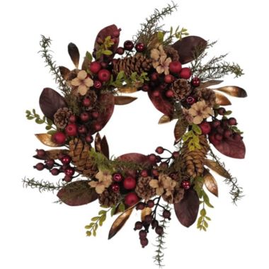 Kurt Adler Artificial Berries and Pinecones Burgundy Rattan Wreath Christmas Decoration, Brown, 24". View a larger version of this product image.