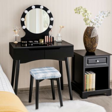 Slickblue Dressing Table with Large Round Mirror and 8 Light Bulbs for Bedroom-Black. View a larger version of this product image.
