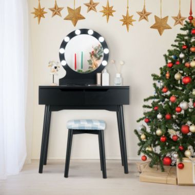 Slickblue Dressing Table with Large Round Mirror and 8 Light Bulbs for Bedroom-Black. View a larger version of this product image.