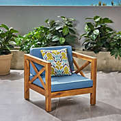 Contemporary Home Living 30.25" Acacia Wood Outdoor Patio Club Chair - Blue Cushions