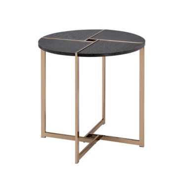 Slickblue End Table with X Shaped Metal Base and Round Wooden Top, Gold and Gray. View a larger version of this product image.