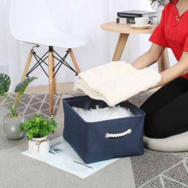 Unique Bargains Fabric Storage Basket with Dual Handles , Collapsible Storage Bins for Toys Laundry Clothes Storage, Home Organizer for Bedroom Office Closet, Dark Blue Medium. View a larger version of this product image.