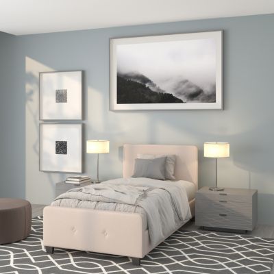 Emma + Oliver Twin Size Two Button Tufted Platform Bed in Beige Fabric