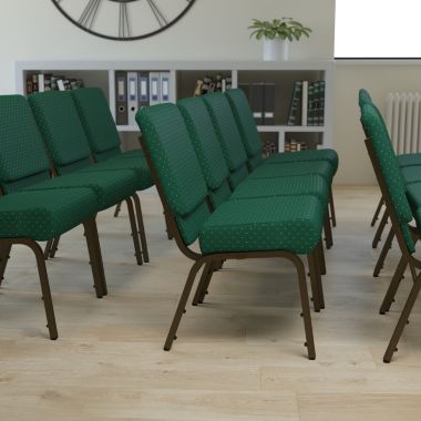 Flash Furniture HERCULES Series 21''W Stacking Church Chair in Hunter Green Dot Patterned Fabric - Gold Vein Frame. View a larger version of this product image.